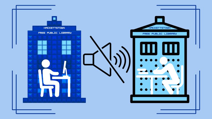 Two quiet pods with people in them and a silence logo between. Two quiet pods with people in them and a silence logo between.