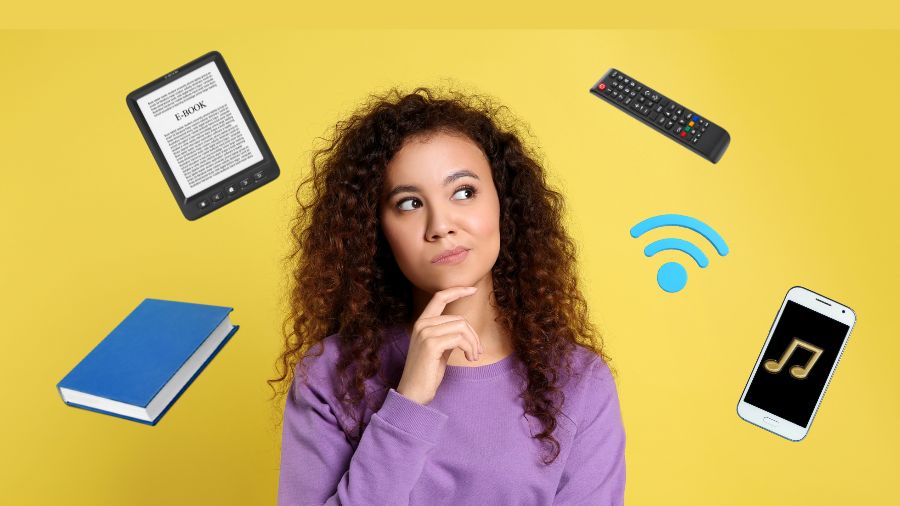 Puzzled woman with book, ereader, remote, wifi symbol, and smartphone surrounding her head. Puzzled woman with book, ereader, remote, wifi symbol, and smartphone surrounding her head.